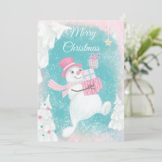 Cute Kerstmis Snowman Pink en Mint Feestdagenkaart (Staand voorkant)