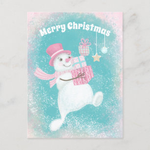 Cute Kerstmis Snowman Pink en Mint Feestdagenkaart