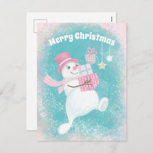 Cute Kerstmis Snowman Pink en Mint Feestdagenkaart (Voorkant / Achterkant)
