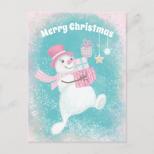 Cute Kerstmis Snowman Pink en Mint Feestdagenkaart (Voorkant)