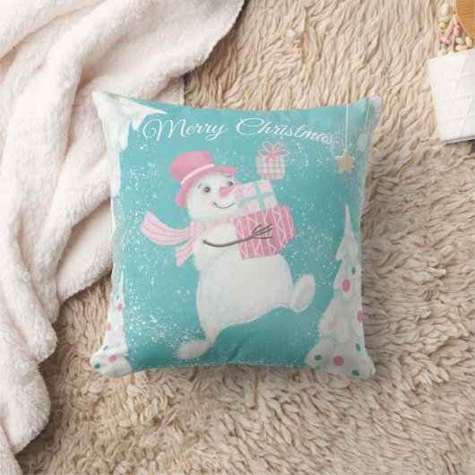 Cute Kerstmis Snowman Pink en Mint Kussen (Deken)