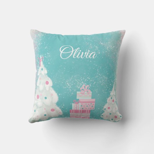 Cute Kerstmis Snowman Pink en Mint Kussen (Achterkant)