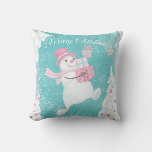 Cute Kerstmis Snowman Pink en Mint Kussen (Voorkant)