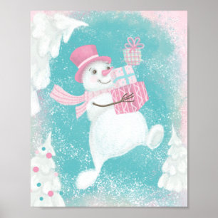 Cute Kerstmis Snowman Pink en Mint Poster
