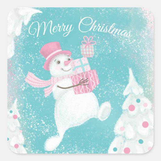 Cute Kerstmis Snowman Pink en Mint Vierkante Sticker (Voorkant)