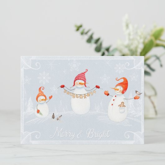 Cute Kerstmis Snowmen Merry en Bright Feestdagenkaart (Staand voorkant)