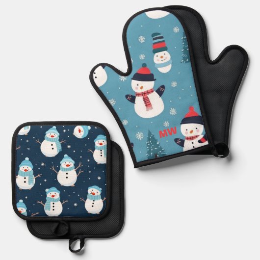 Cute Kerstmis Snowmen Ovenwant & Pannenlap Set (Voorkant / Achterkant)