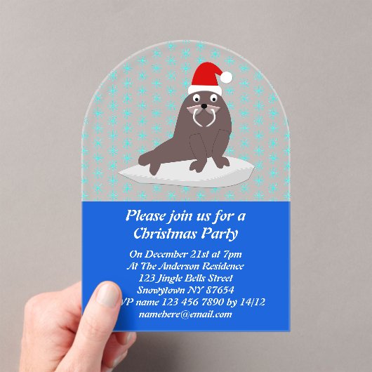 Cute Kerstmis Walrus en Snowflakes Custom Acryl Uitnodigingen (Insitu (Draagbaar))