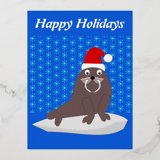 Cute Kerstmis Walrus en Snowflakes Custom Folie Feestdagen Briefkaart (Voorkant)