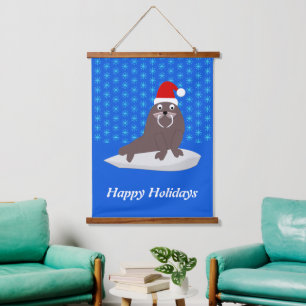 Cute Kerstmis Walrus en Snowflakes Custom Hangend Wandkleed