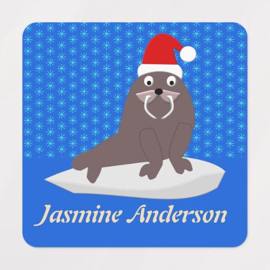 Cute Kerstmis Walrus en Snowflakes Custom Labels (Design 1)