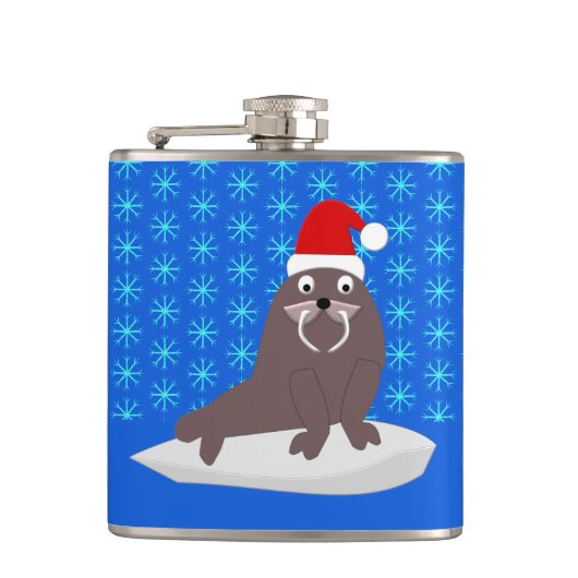 Cute Kerstmis Walrus en Snowflakes Heupfles (Voorkant)