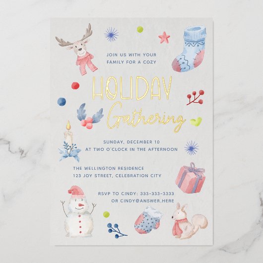 Cute Kerstmis Waterverf Script Holiday Party Folie Uitnodiging (Voorkant)