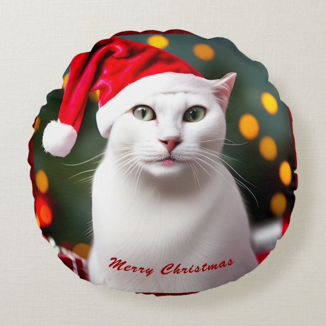Cute Kerstmis Witte Cat met Santa Hat Rond Kussen (Voorkant)