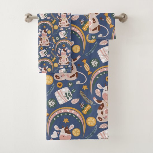 Cute Kerstmis Yoga Koe Whimsical Pattern Blue Bad Handdoek (Insitu)