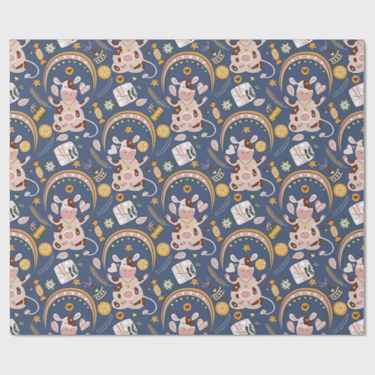 Cute Kerstmis Yoga Koe Whimsical Pattern Blue Cadeaupapier (Vlak)
