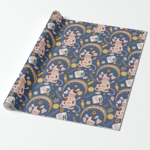 Cute Kerstmis Yoga Koe Whimsical Pattern Blue Cadeaupapier