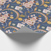 Cute Kerstmis Yoga Koe Whimsical Pattern Blue Cadeaupapier (Hoek)