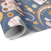Cute Kerstmis Yoga Koe Whimsical Pattern Blue Cadeaupapier (Rol Hoek)