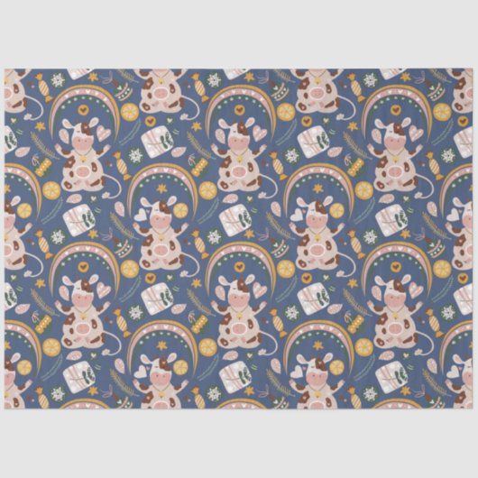 Cute Kerstmis Yoga Koe Whimsical Pattern Blue Tissuepapier (Voorkant)