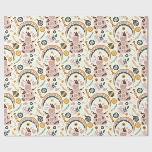 Cute Kerstmis Yoga Koe Whimsical Pattern Cadeaupapier (Vlak)