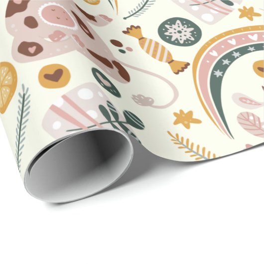 Cute Kerstmis Yoga Koe Whimsical Pattern Cadeaupapier (Rol Hoek)