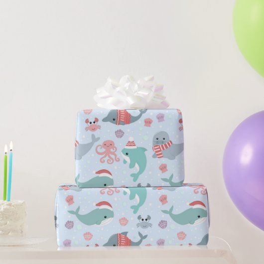Cute Kerstmis Zee Life Dolphins Seals Patroon Cadeaupapier (Feestgeschenken)