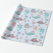 Cute Kerstmis Zee Life Dolphins Seals Patroon Cadeaupapier (Uitgerold)