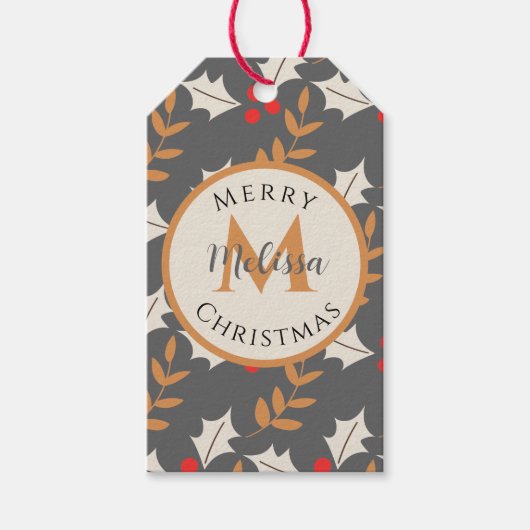 Cute Kerstmonogram grijs/grijs Holly Mistletoe Cadeaulabel (Voorkant)