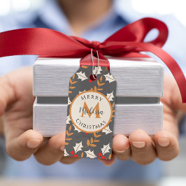 Cute Kerstmonogram grijs/grijs Holly Mistletoe Cadeaulabel