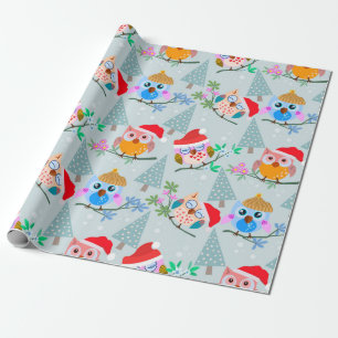 Cute Kerstoowl Patroon Cadeaupapier