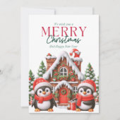 Cute Kerstpinguïn en Gemberkoekhuis Feestdagenkaart (Voorkant)