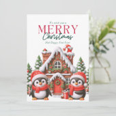 Cute Kerstpinguïn en Gemberkoekhuis Feestdagenkaart (Staand voorkant)