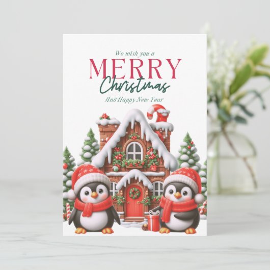 Cute Kerstpinguïn en Gemberkoekhuis Feestdagenkaart (Staand voorkant)