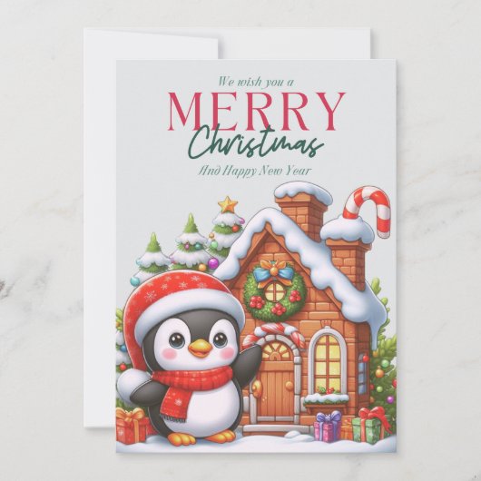 Cute Kerstpinguïn en Gemberkoekhuis Feestdagenkaart (Voorkant)