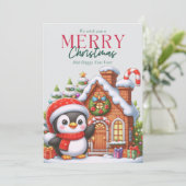Cute Kerstpinguïn en Gemberkoekhuis Feestdagenkaart (Staand voorkant)