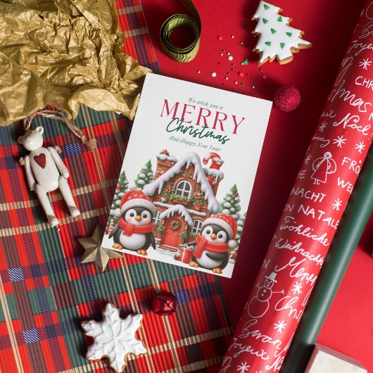 Cute Kerstpinguïn en Gemberkoekhuis Feestdagenkaart