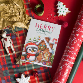 Cute Kerstpinguïn en Gemberkoekhuis Feestdagenkaart