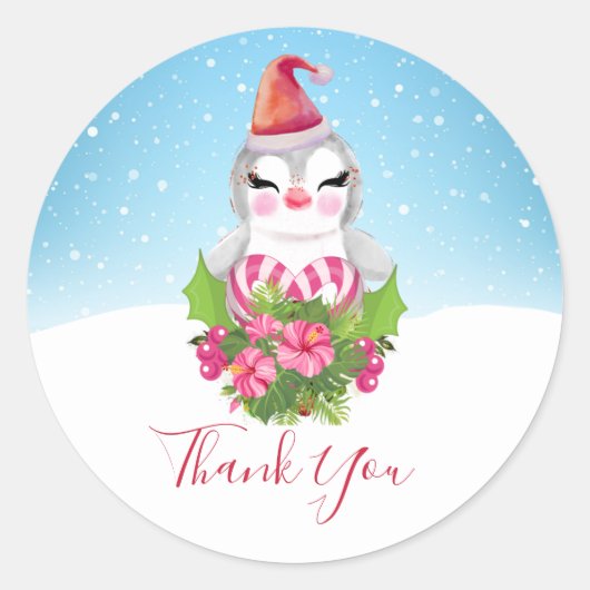 Cute Kerstpinguin in Santa Hat Dank je Ronde Sticker (Voorkant)