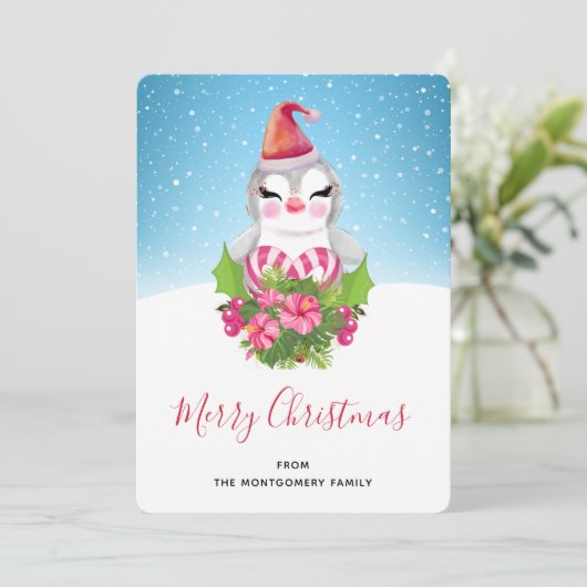 Cute Kerstpinguïn in Santa Hat Feestdagenkaart (Staand voorkant)