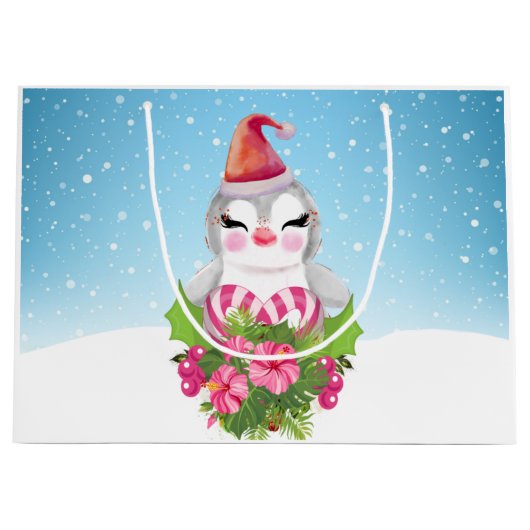 Cute Kerstpinguïn in Santa Hat Groot Cadeauzakje (Voorkant)