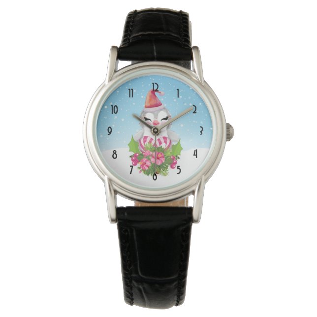 Cute Kerstpinguïn in Santa Hat Horloge (Voorkant)