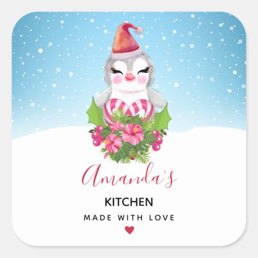 Cute Kerstpinguin in Santa Hat Kitchen Vierkante Sticker (Voorkant)