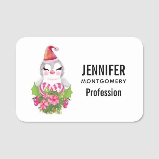Cute Kerstpinguïn in Santa Hat Naamplaatje (Voorkant)