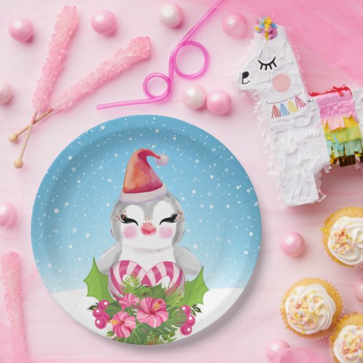 Cute Kerstpinguïn in Santa Hat Papieren Bordje (Feest)