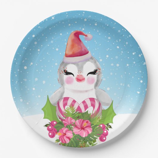 Cute Kerstpinguïn in Santa Hat Papieren Bordje (Voorkant)