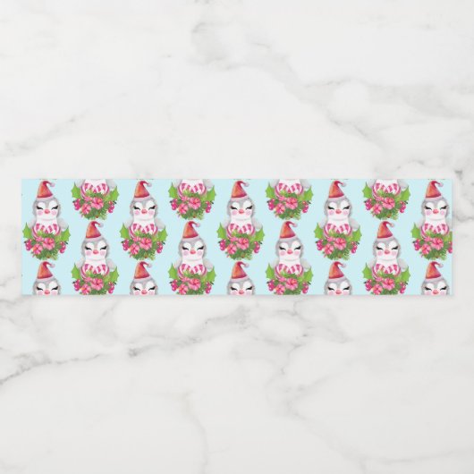 Cute Kerstpinguin in Santa Hat Pattern Waterfles Etiket (Enkel label)