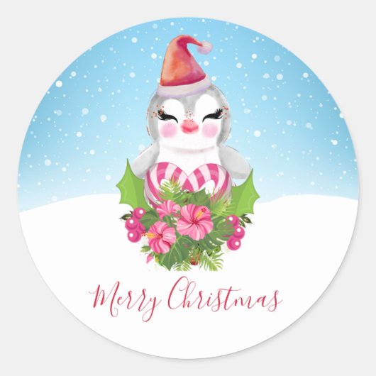 Cute Kerstpinguïn in Santa Hat Ronde Sticker (Voorkant)