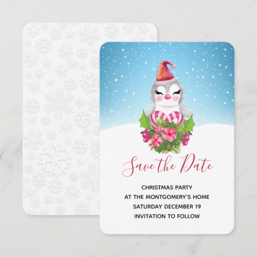 Cute Kerstpinguïn in Santa Hat Save The Date (Voorkant / Achterkant)