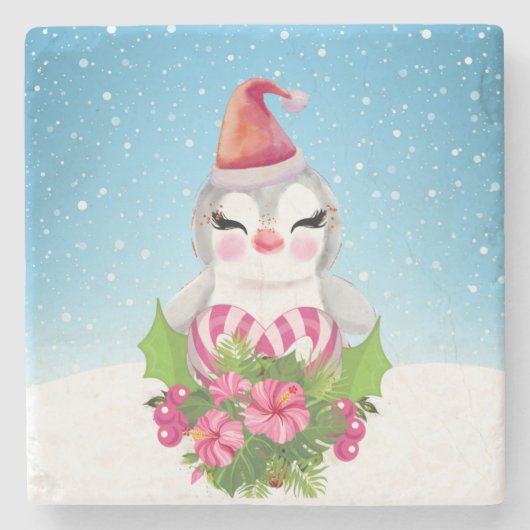 Cute Kerstpinguïn in Santa Hat Stenen Onderzetter (Voorkant)